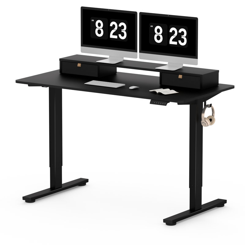 Bureau debout à hauteur réglable avec 2 tiroirs Lysandre Home Office, Noir, H 48,6 po x l 55,1 po x P 23,6 po