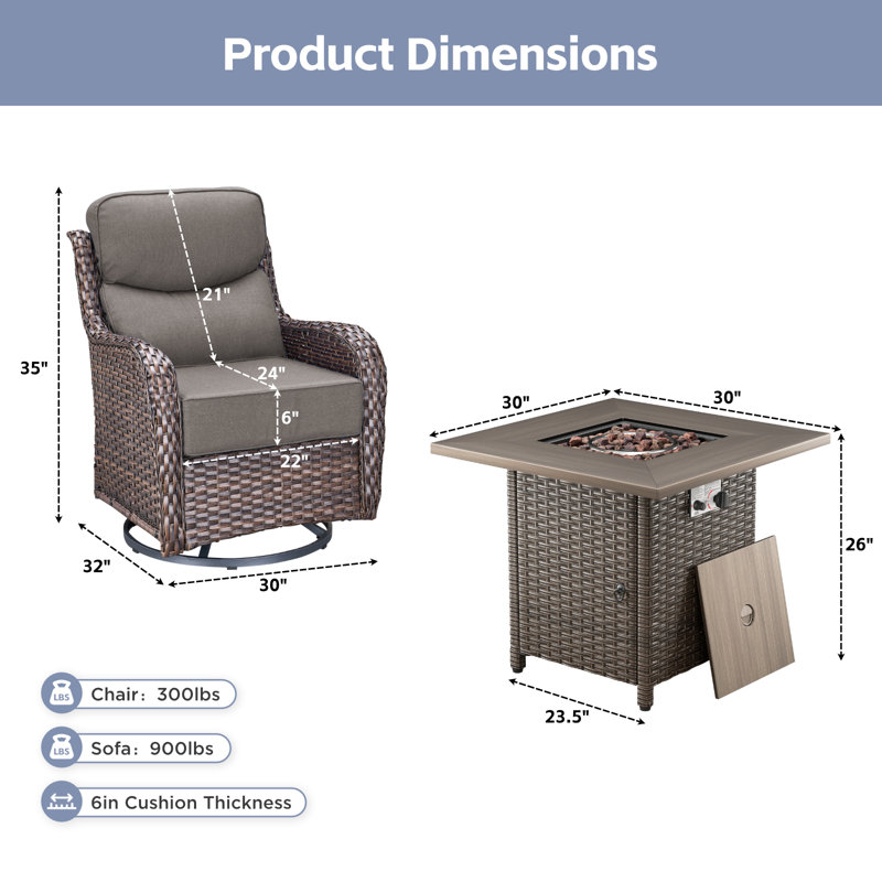 Ensemble de conversation de chaises berçantes pivotantes pour jardin extérieur avec table de foyer en osier, Brun, Gris