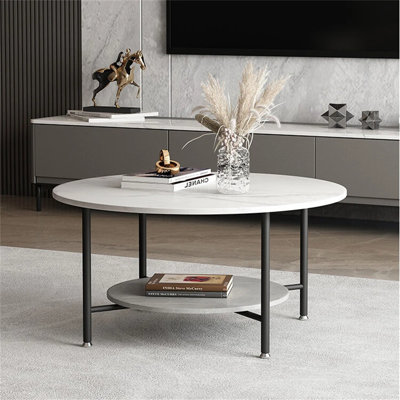 Table basse ronde en marbre fritté à 2 niveaux avec pieds en acier au carbone et 4 pieds