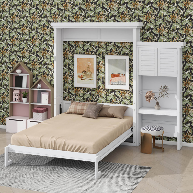 Grand lit escamotable en bois avec tablettes, conception classique à persiennes, Blanc