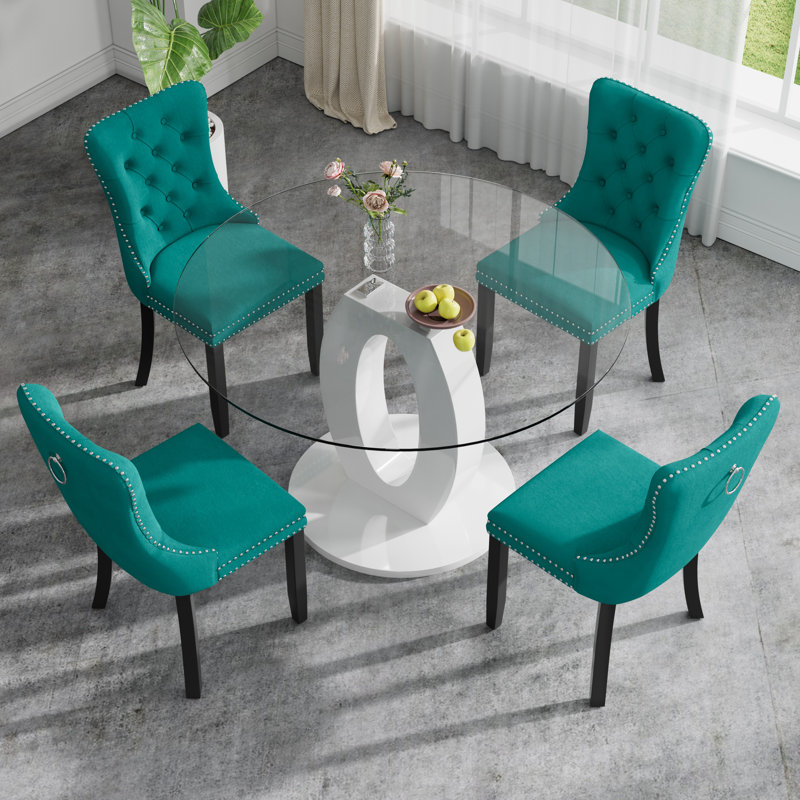 High Gloss Round Dining Table Set with 4 Velvet Dining Chairs, Green/Black