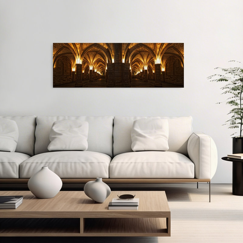 «Illuminated Arches Dramatic Elegant Gothic Architecture», art mural, H 16 po x l 48 po