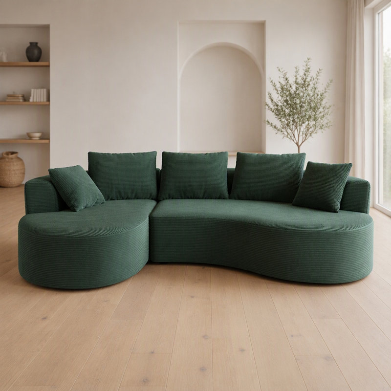 Canapé d'angle modulaire incurvé 2 pièces avec coussins, mobilier de salon minimaliste et ergonomique, assise moderne, aucun assemblage requis, canapé et méridienne, vert foncé