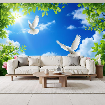 Papier peint à peler et coller Beautiful Spring Sky Doves Blooming Flowers Summer Decor murales murales en PVC 69 po x l 96 po amovible