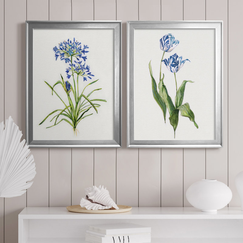 Blue Botanical Prints with Silver Frames, Set of 2
