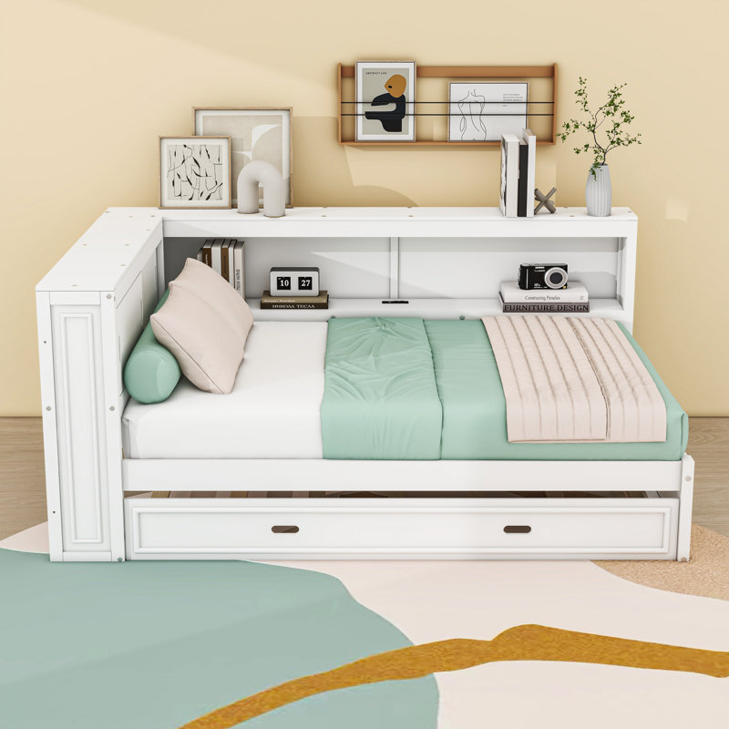 Full Size Wood Daybed with Twin Trundle, LED Lighting and Built-In Charging Station, White