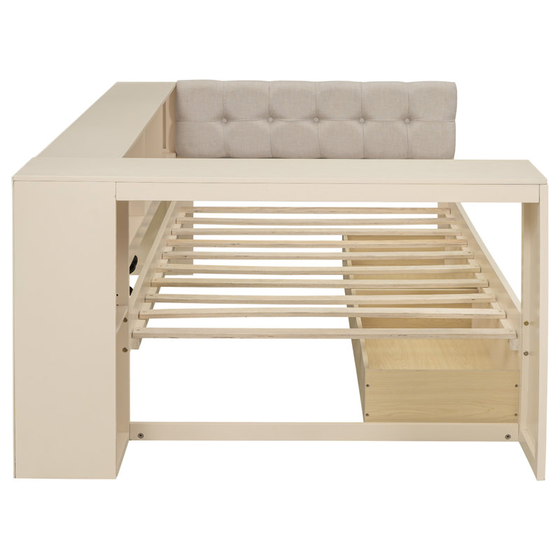 Platform Bed With Storage Shelves, Twin, Cream