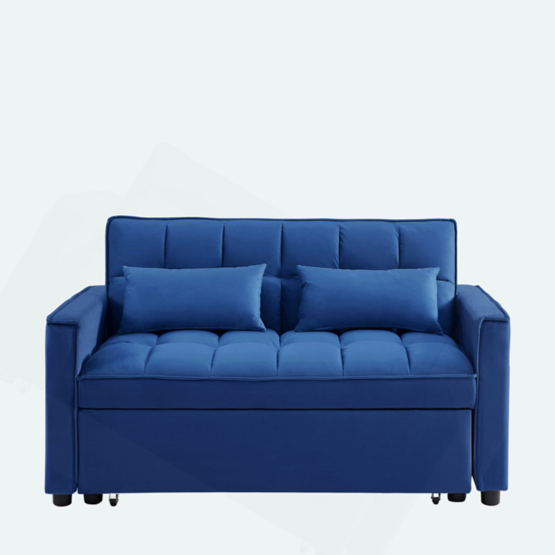 54Inch Adjustable Backrest Soft Futon Sofa With Double Armrest And Pouch Variable Bed, Dark Blue
