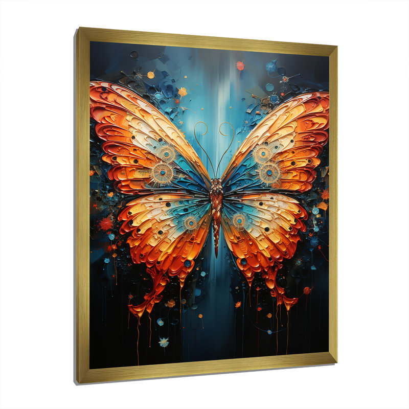 Humaima, surréalisme, le papillon cosmique sur toile, H 44 po x l 34 po x P 1,5 po, Encadrement doré