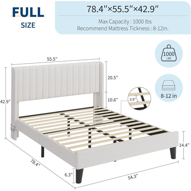 Structure de lit double / grand en velours avec tête de lit à oreilles, lattes de bois, sans sommier, beige, Lit double