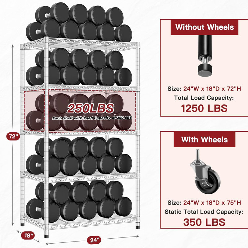  Étagère en métal galvanisé à 5 niveaux certifiée NSF - l 24 po x P 18 po x H 72 po réglable à 3 compartiments bricolage avec roues verrouillables, support de rangement robuste pour la cuisine, le garage et le garde-manger