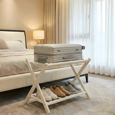 Porte-valises pliant en bambou avec 5 sangles en nylon - Le support de valise à 2 niveaux peut contenir 150 lb pour la chambre à coucher, l'hôtel, la chambre d'amis