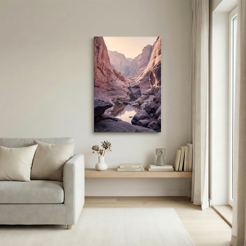 «Pink Sandstone Canyon Stream with Tall Desert Plant», art mural, 18"H x 12"W