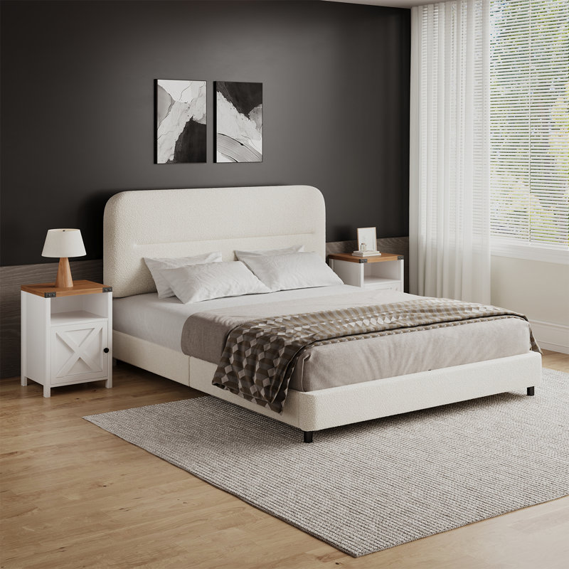 3 Piece Upholstered Bedroom Set,Bed Frame With Set Of 2 Nightstands, Queen, Cream/White