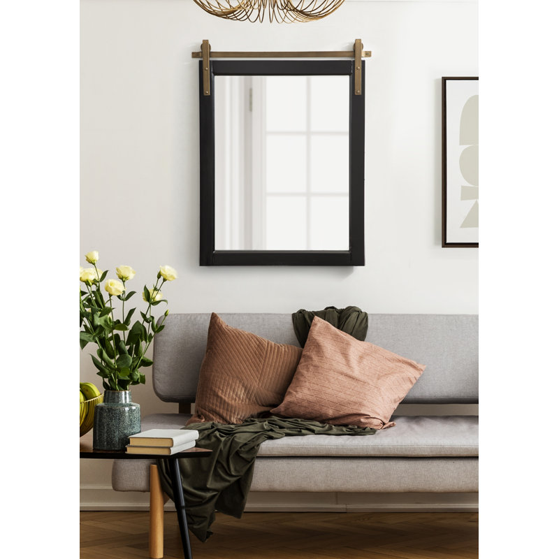 Strickler Rectangle Barn Door-Inspired Wood Wall Mirror, 30.25" x 24", Black/Gold