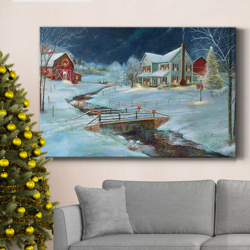 Toile tendue avec châssis de Noël à la ferme de qualité supérieure - prête à être accrochée, H 27 po x l 18 po x P 1 po