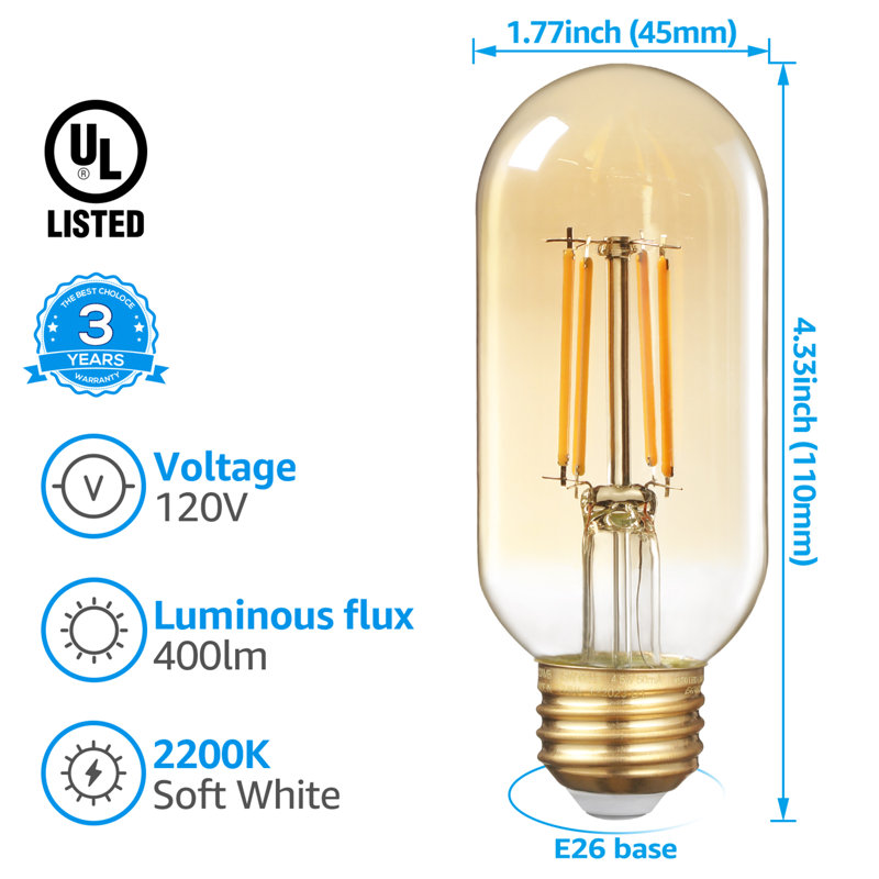 Ampoule à DEL T45 à intensité variable, ampoules à DEL 4,5 W, verre chaud ambré, blanc doux 2200 K