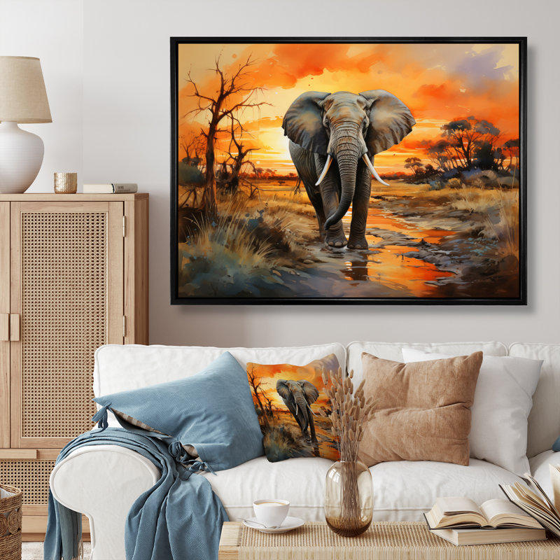 Éléphant d'Afrique, prairies II sur toile, H 34 po x l 44 po x P 1,5 po, Cadre flottant noir