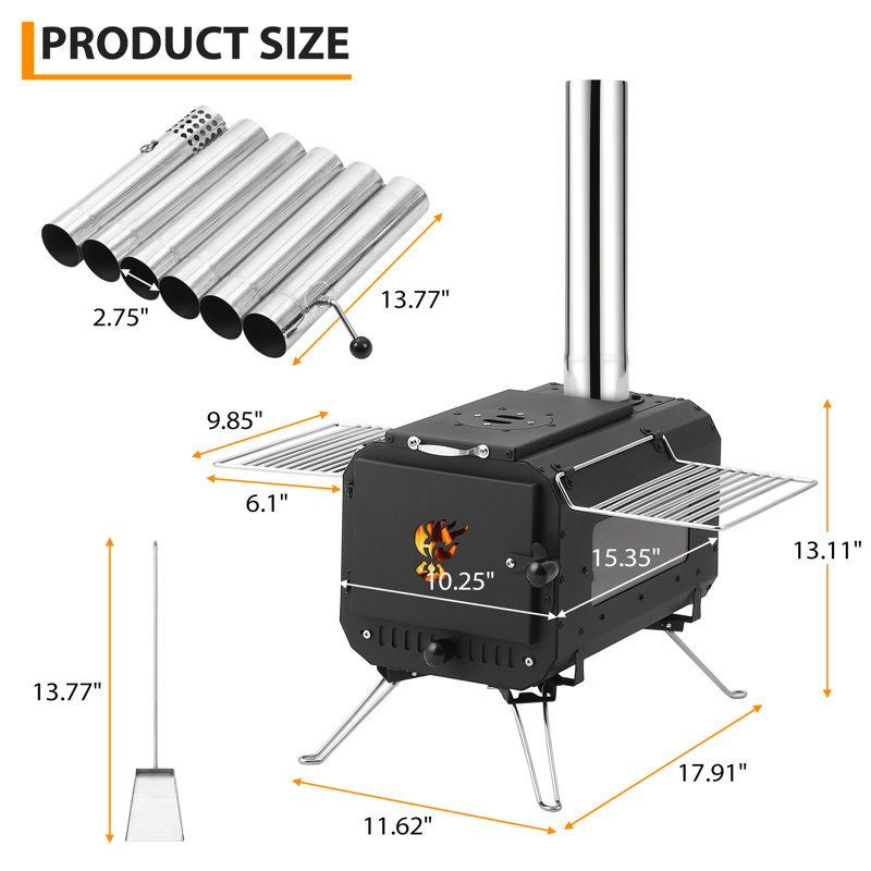 Wood Burning Stove, Hot Tent Stove, Folding Portable Wood Stove for Tent, Cooking, Hiking, Camping Wood Stove Includes Six Chimney Pipes and View Glass, Black