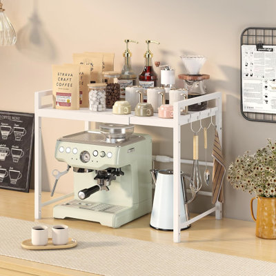 Support de micro-ondes extensible, organisateur de comptoir de cuisine, tablette de rangement réglable en métal avec 3 crochets, 2 niveaux, noir