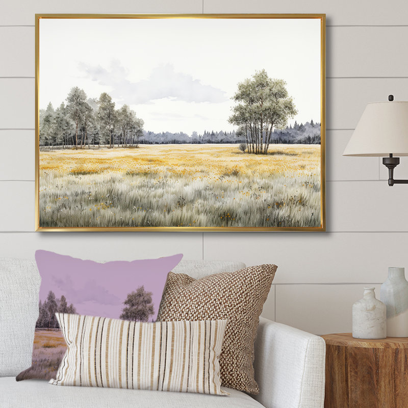 «Meadow Scenery Minimalisme II», reproduction sur toile, Cadre flottant doré, H 30 po x l 40 po x P 1,5 po