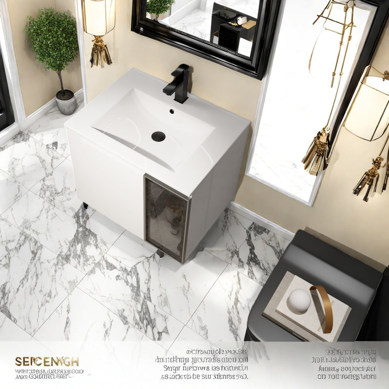 Meuble-lavabo mural compact avec lavabo en céramique, blanc brillant et verre gris