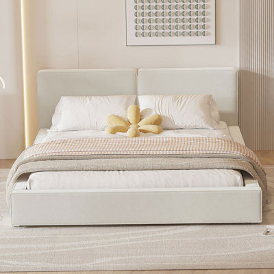 Queen Size Upholstered Platform Bed with Velvet Fabric, Grounded Bed with Solid Frame, Beige