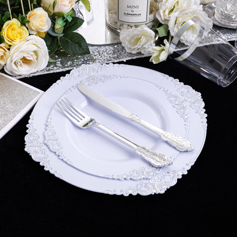350 pièces d'assiettes en plastique - Services de vaisselle en plastique argentés pour 50 invités - 100 assiettes jetables en argent, 150 couverts en plastique, 50 tasses, 50 serviettes de table pour le mariage et la fête