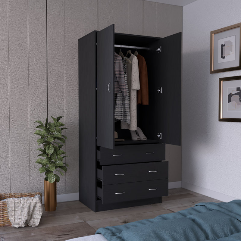  Armoire Aret avec tringle, trois tiroirs et rangement à double porte - wengé, Noir