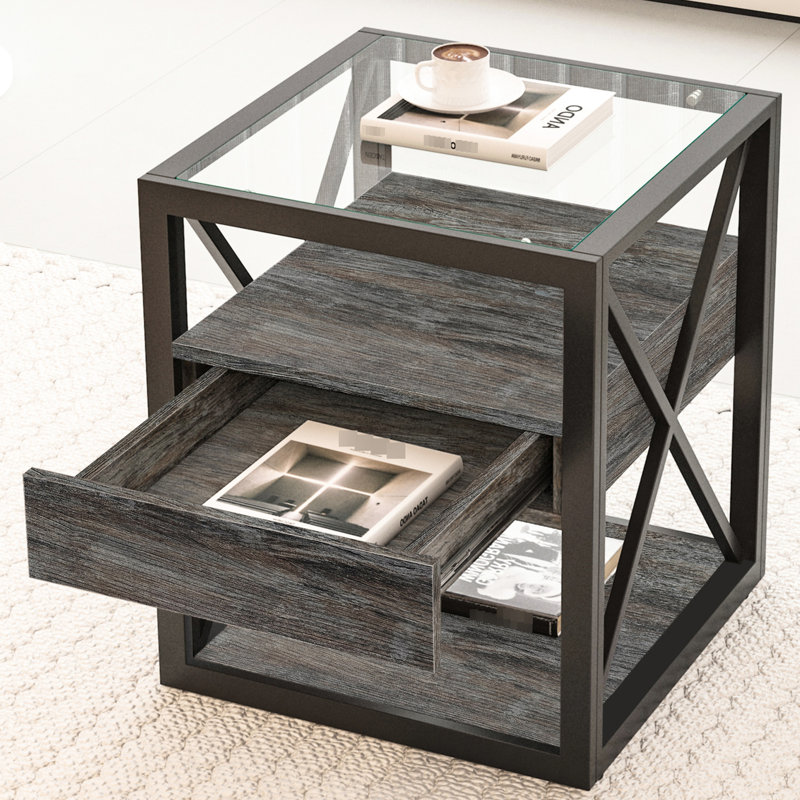 Tables de bout modernes de 2 avec tiroir, table de chevet pour la chambre à coucher et le salon, plateau en grain de bois rustique et en verre trempé, stabilité de la structure stable, tiroir industriel à conception compacte