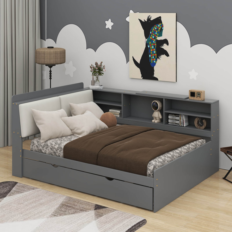 Lit plateforme double avec tête de lit, tablettes et 2 tiroirs, Gris