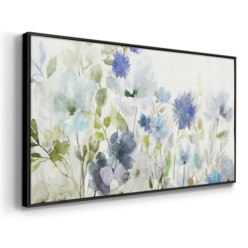 Fleurs sauvages en bleu - Toile tendue avec châssis, prête à accrocher, H 25 po x l 49 po, Noir