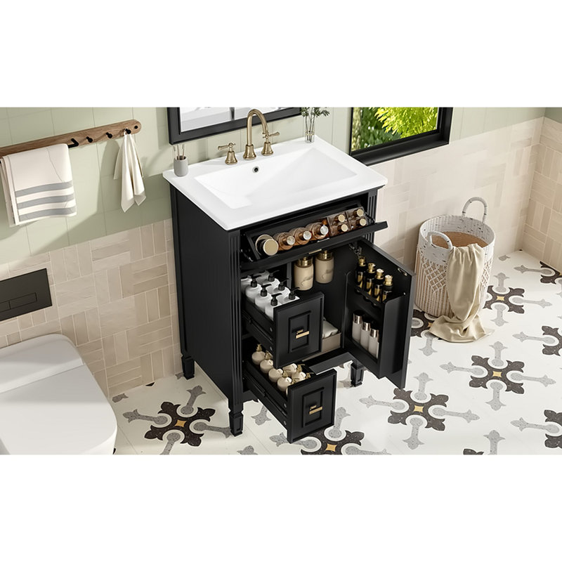 Meuble-lavabo de salle de bain avec lavabo, armoire en bois massif et panneau de fibres à densité moyenne avec un tiroir rabattable, deux tiroirs standard et une tablette réglable, meuble-lavabo autoportant pour le rangement de la salle de bain
