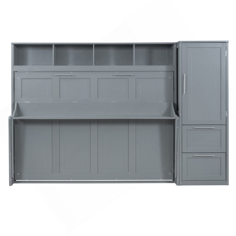 Grand lit escamotable mural avec placard et tiroirs, gris, Gris, Grand lit