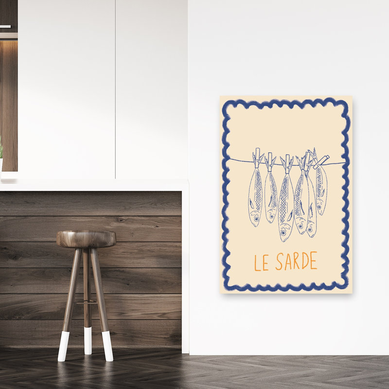 Illustration rustique de sardines rustiques, poisson rétro, impression d'art mural côtier, H 48 po x l 32 po