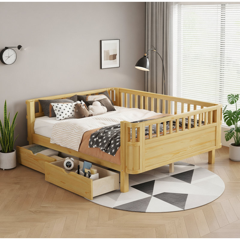 Wood Platform Bed with Ample Storage,Safety Rails, Full, Natural