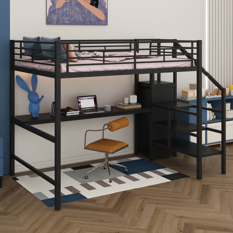 Full Size Loft Bed With Desk & Storage Stairs, Metal Loft Bed Frame With Wardrobe & LED Light, Safety Guard