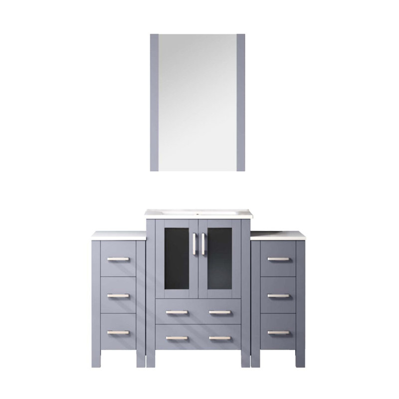 Gris foncé 48 po Meuble-lavabo de salle de bain, armoires latérales, comptoir en céramique blanche, miroir de 22 po et baignoire de style contemporain à fermeture en douceur de style contemporain