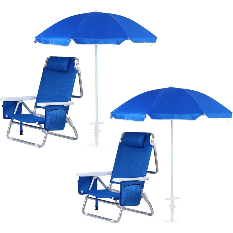 Folding Beach Chair with Built-In Cooler, Umbrella, and Cup Holder, for Outdoor Use (Blue)