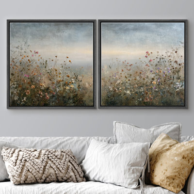 Soft Horizon Wildflower Field Landscape Floral Wall Decor Framed Master Bedroom Wall Art Work 2 Pieces Print