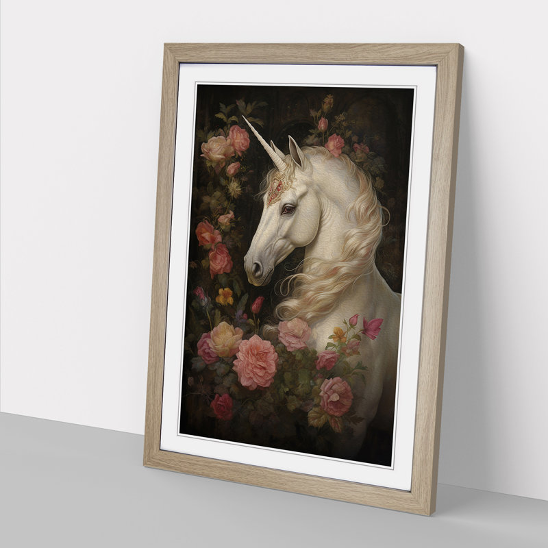 XYZ-FRM-V1223-1665 Unicorn Victorian - Single Picture Frame Print on Wood, 64cm H x 46cm W x 2cm D, Oak