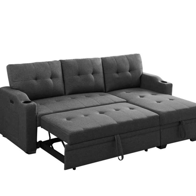 Canapé-lit modulaire en tissu tissé avec porte-gobelet, port de chargement USB et poche, Lin gris foncé