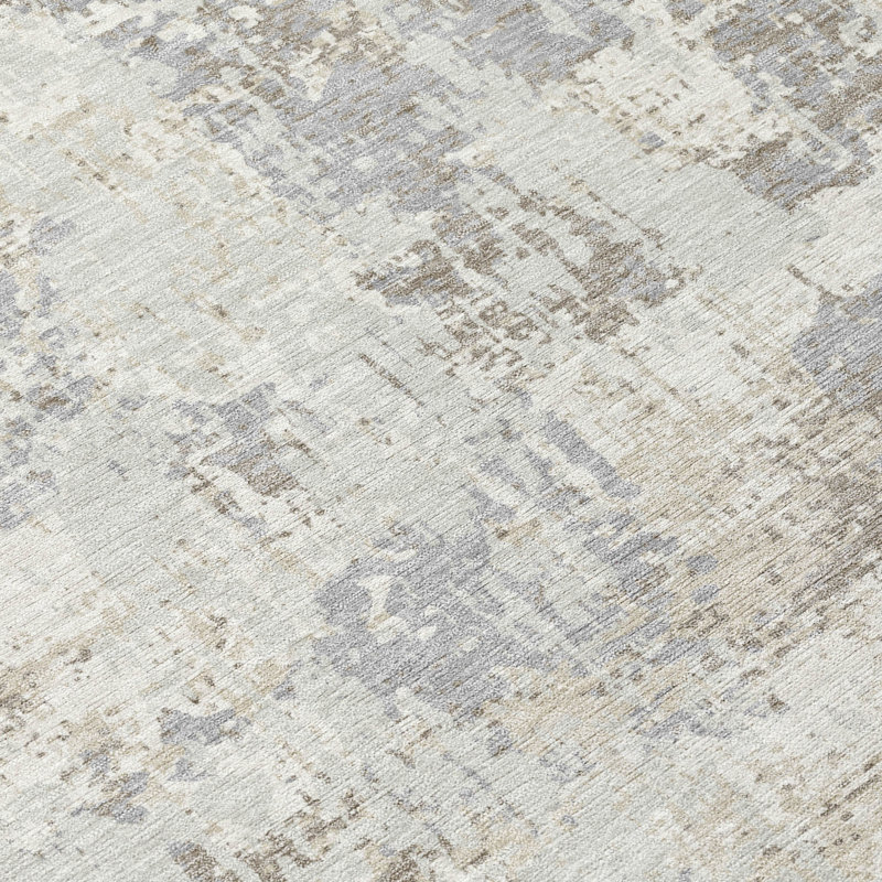 Ivory and Gray Abstract Washable Synthetic Rug