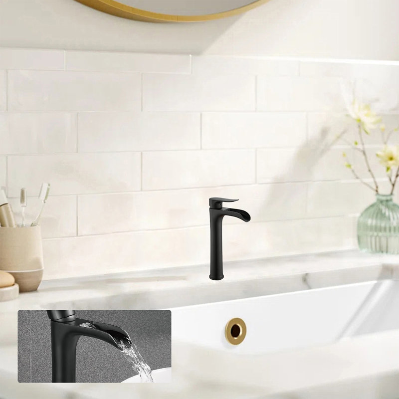 Tall Single Handle Waterfall Vessel Sink Faucet With Pop-Up Drain, Matte Black