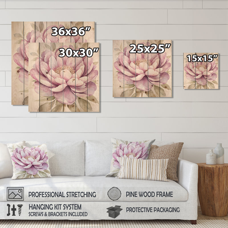 Minimalisme élégance de pivoines roses II - décoration murale en bois de pivoines - sur bois de pin naturel