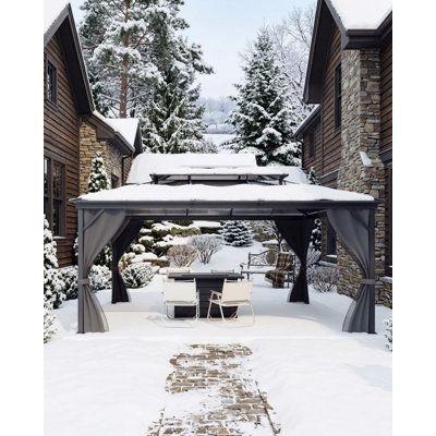 10 x 12 ft Hardtop Gazebo, Aluminum Frame, Double Polycarbonate Roof, with Netting and Curtains, for Backyard, Patio and Lawn
