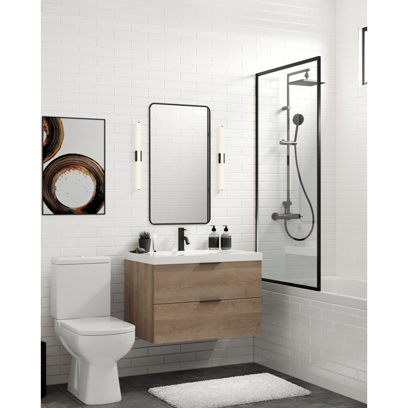 Avila 48" W Wall Mounted Single Bathroom Vanity, Matte White/8" Widespread, Charred, Satin Brass