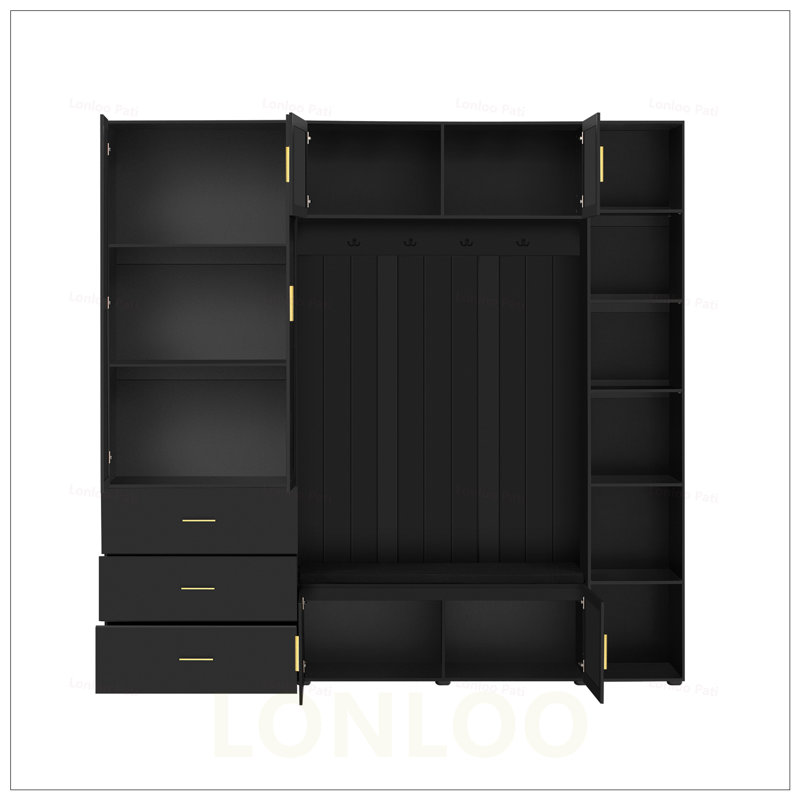 American Style 4-in-1 Hall Tree with Padded Bench, 4 Hooks, and Adjustable Storage Shelves for Entryway Organization, Black