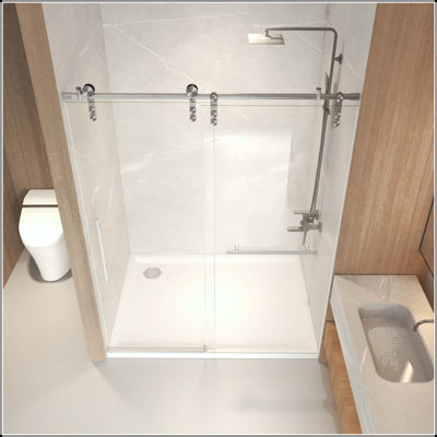 56-60 x 76 Frameless Sliding Shower Door - Brushed Nickel, 8mm Glass