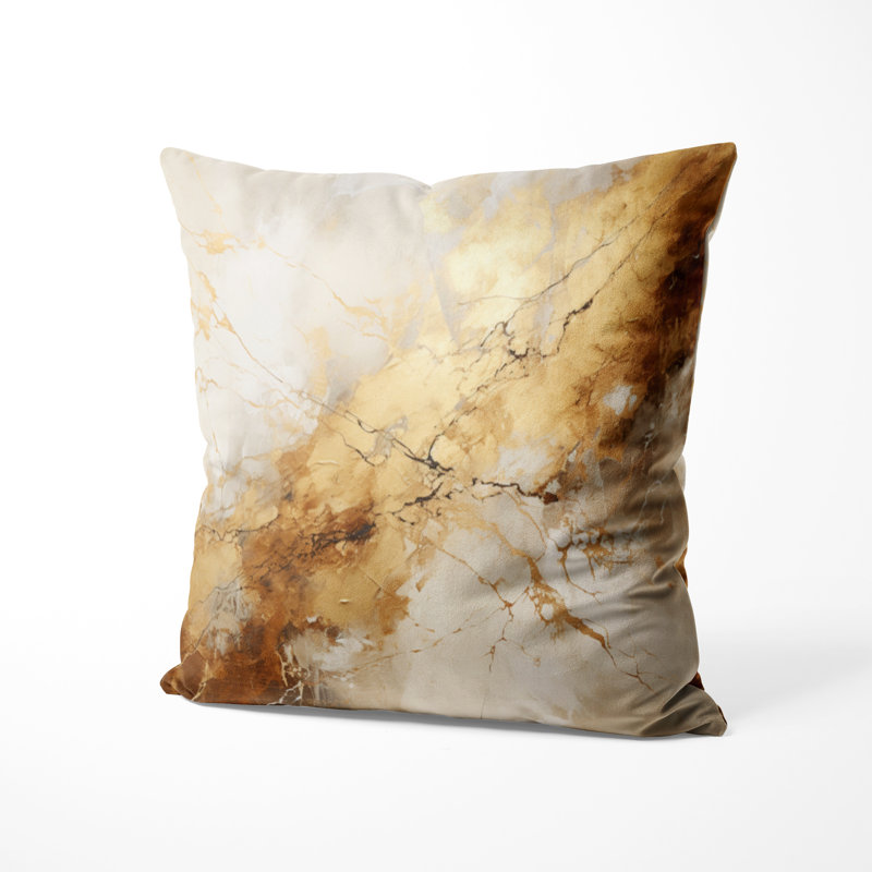Oreiller beige et or en marbre Lightning I - coussin décoratif à formes abstraites, H 16 po x l 16 po
